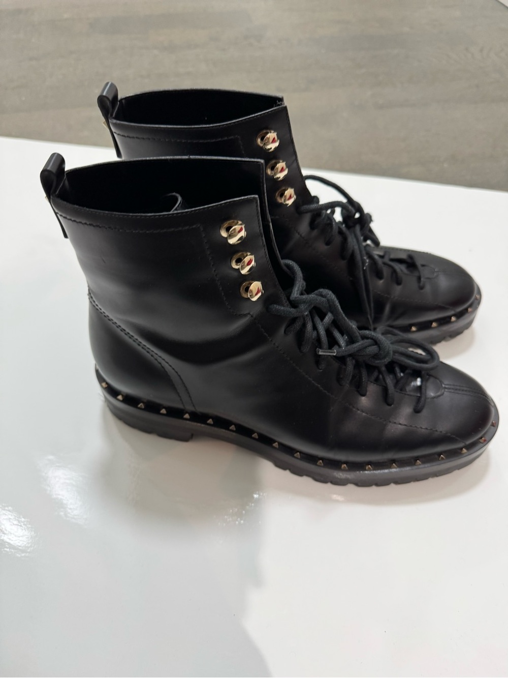 Valentino Black Leather Lace-Up Rockstud Combat Boots